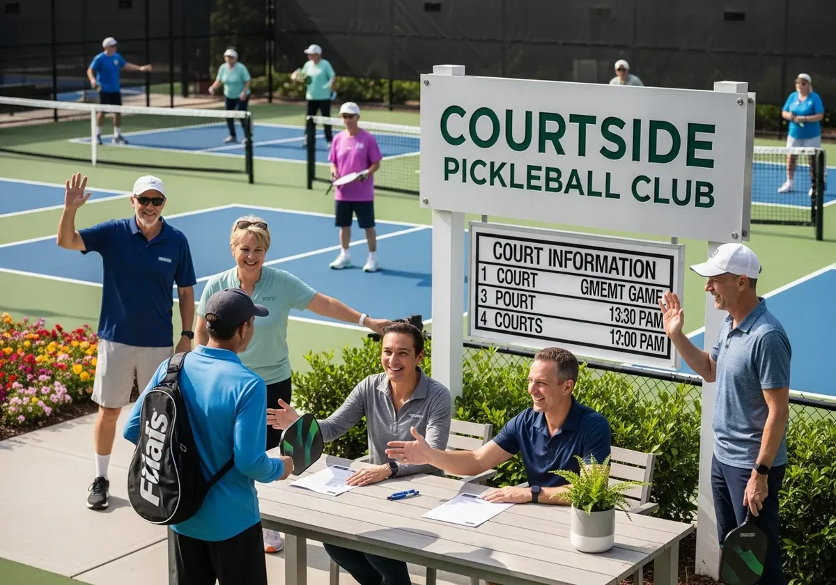 Welcoming check-in area at outdoor pickleball courts with friendly community members greeting a first-time visitor near signa