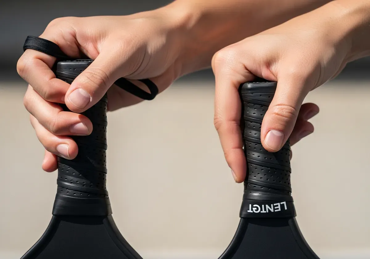 Hands demonstrating various grip sizes and comfort positions on pickleball paddle handles for proper technique