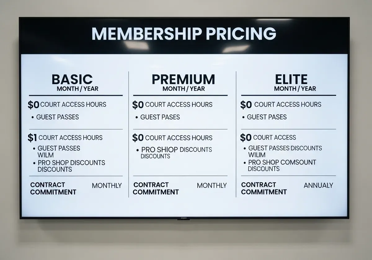 Membership pricing board displaying tiered options and facility fees for pickleball facilities near you