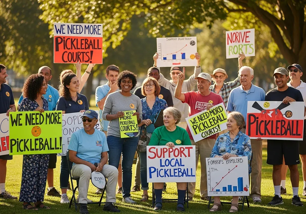 Community members gathered with signs advocating for more pickleball courts to address court shortage and access problems in 