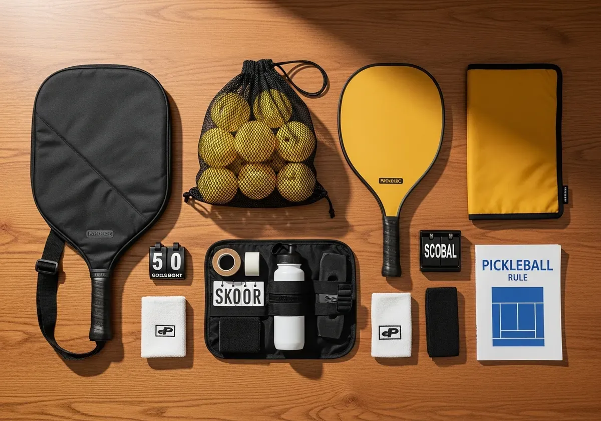 Organized pickleball equipment storage including paddle covers, ball bags, and gear organizers for complete buyer's guide