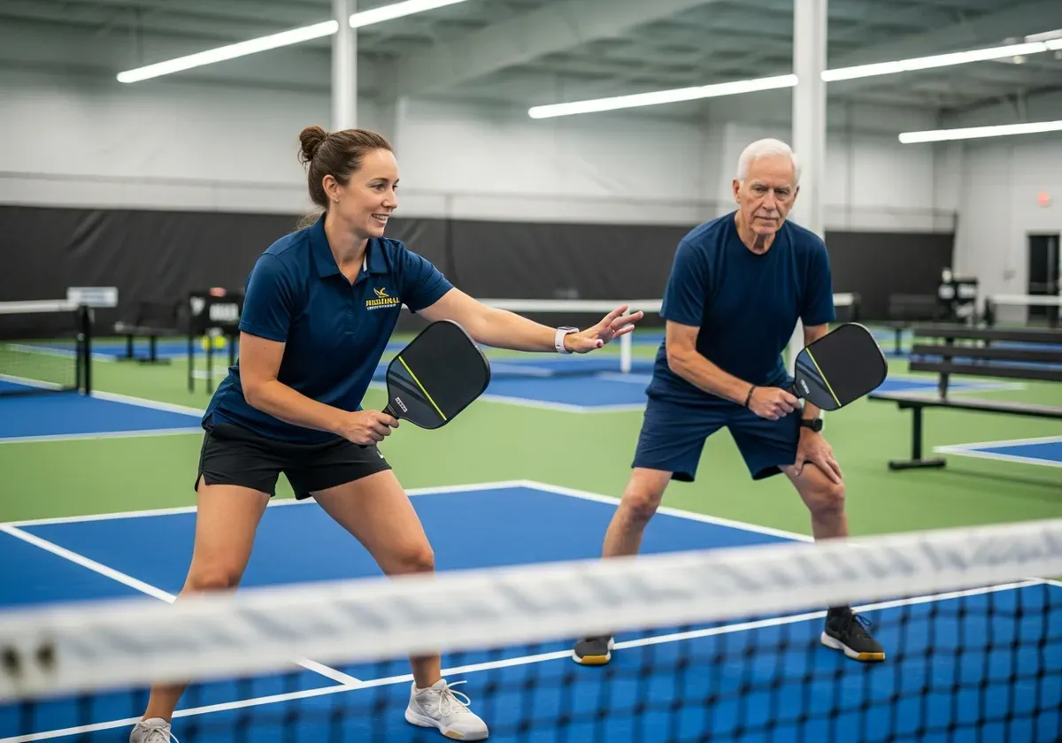 Pickleball instructor demonstrating proper technique to beginner player at quality facility with structured coaching and skil