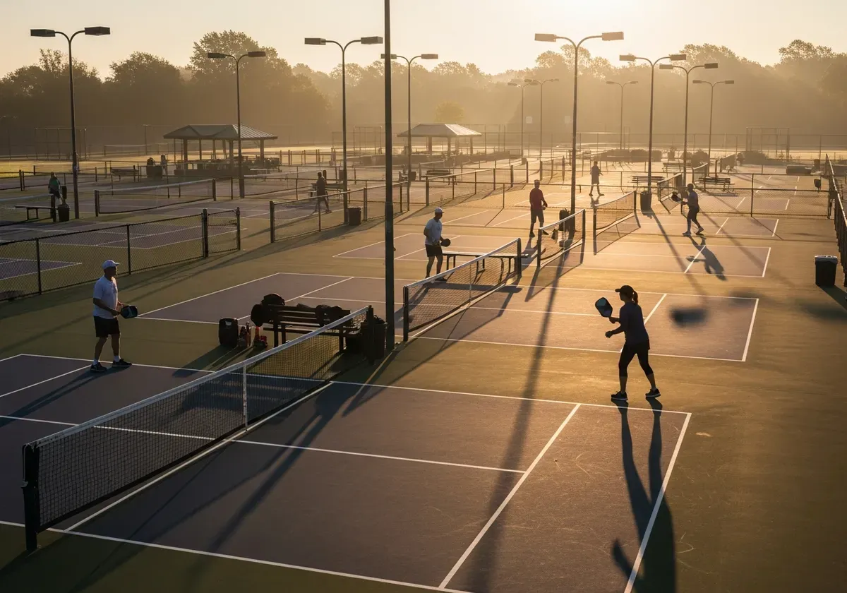 Early morning pickleball players on mostly empty courts, demonstrating off-peak playing times as a solution to court shortage