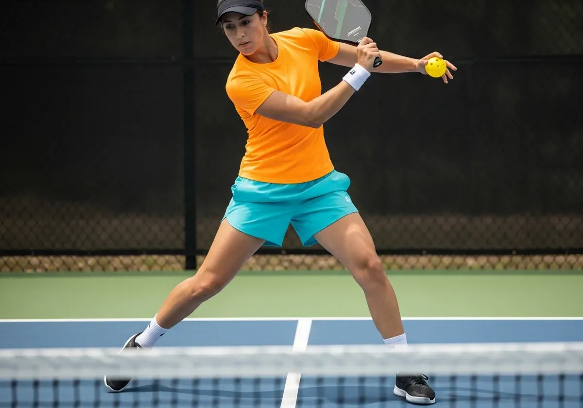 Pickleball player in motion wearing moisture-wicking athletic apparel demonstrating proper performance gear for active play