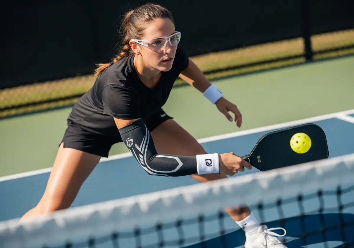 Player in protective gear including eye protection, compression sleeve, and wristband in active pickleball playing position o
