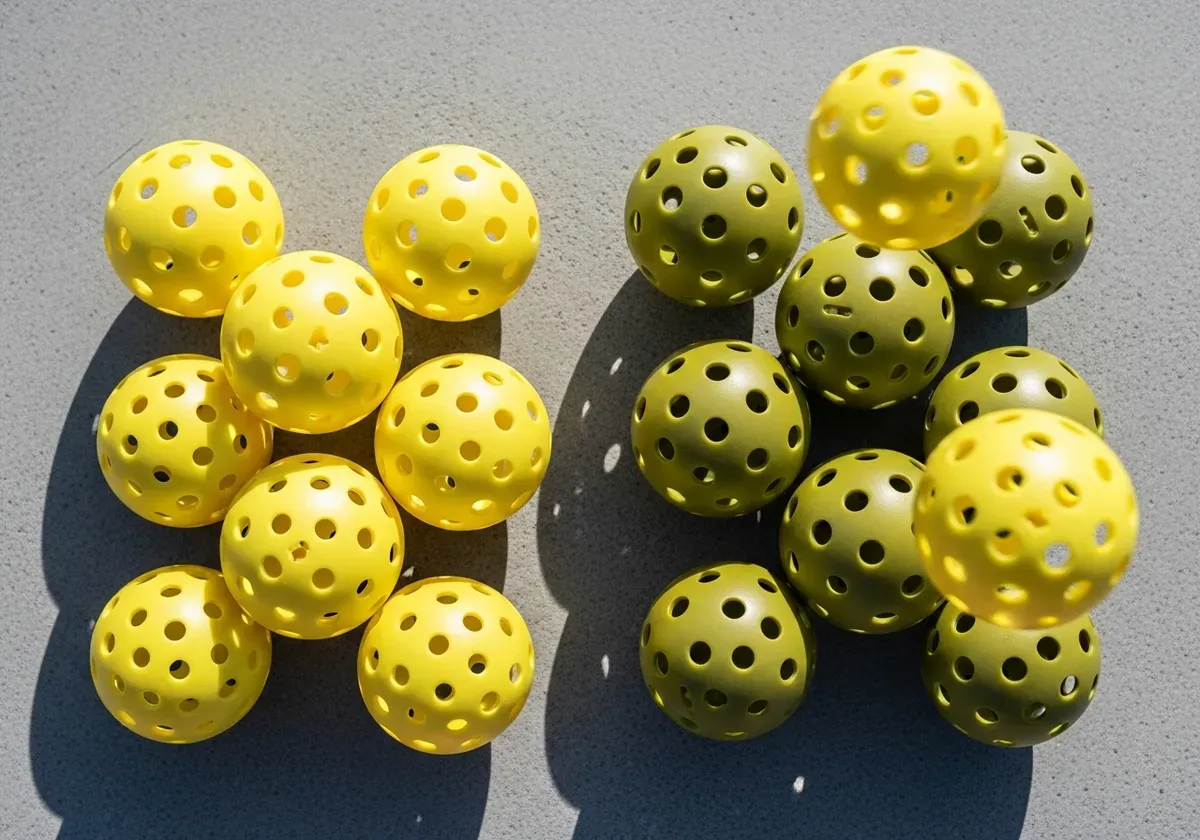 Assorted indoor and outdoor pickleballs displayed together showing color variations and construction differences for equipmen
