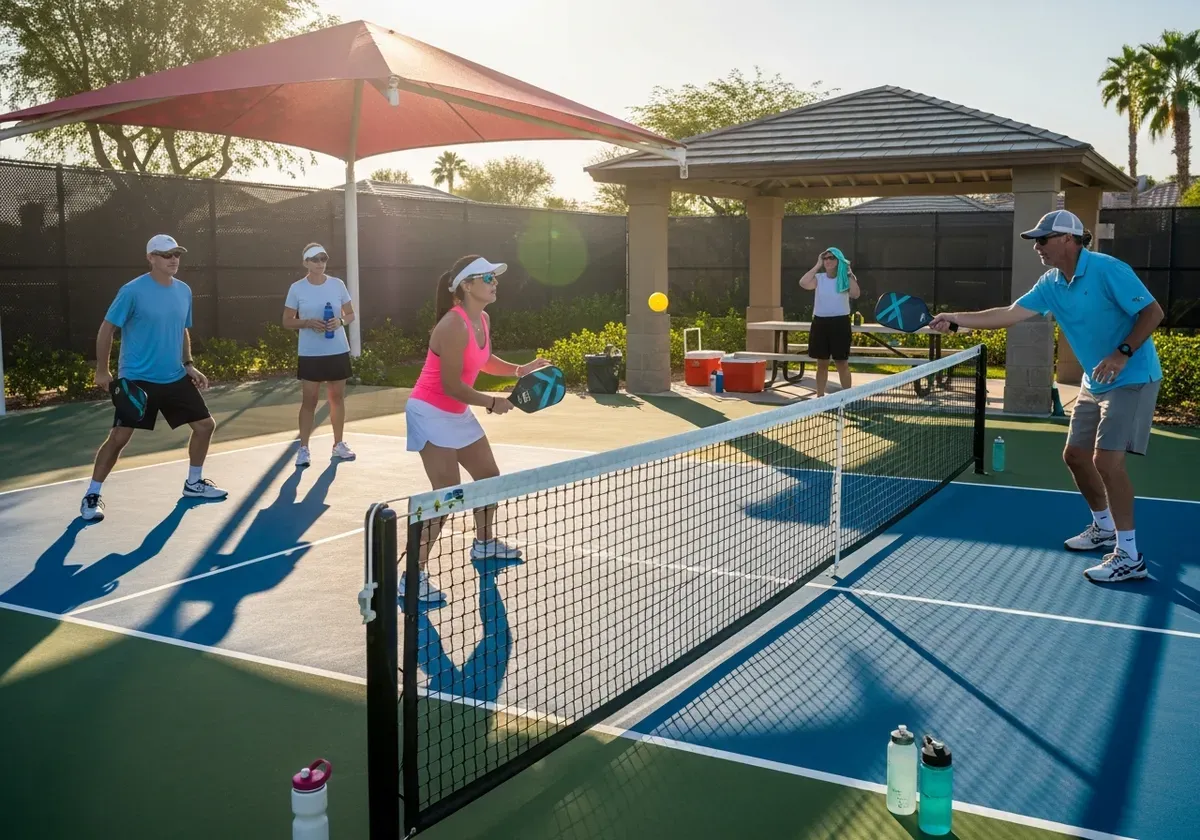 Players use umbrellas and shade structures at outdoor pickleball courts to protect from bright sun and heat during midday pla