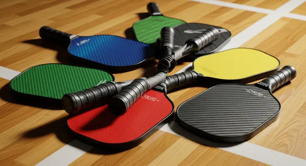 Assorted pickleball paddles in various colors and designs displayed on wooden court surface for buying guide comparison